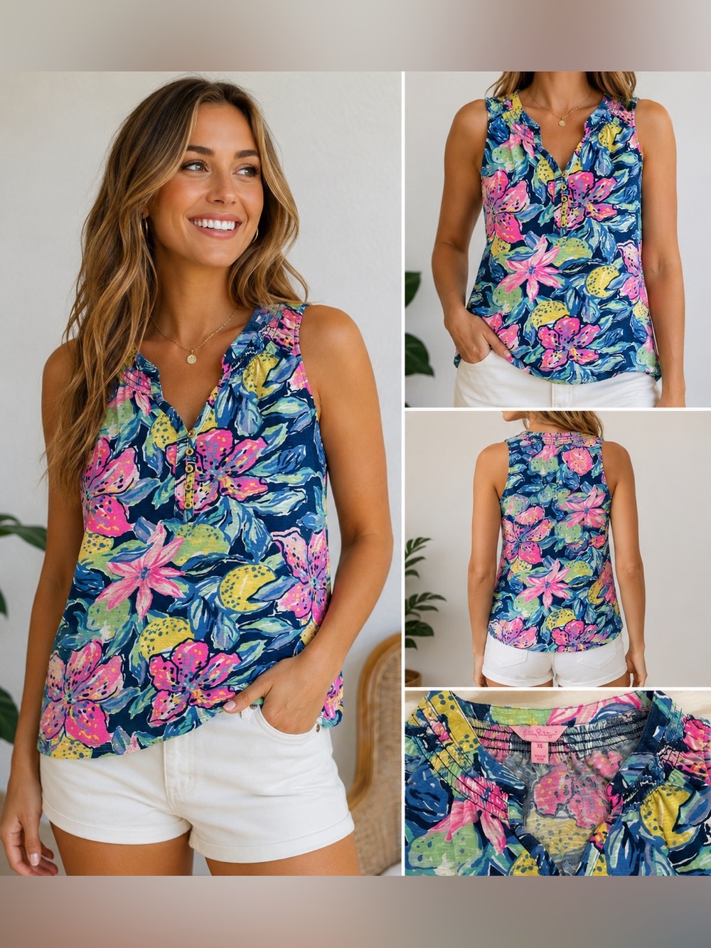 Lilly Pulitzer XS Floral Sleeveless Top Pink Blue Tropical Cotton Tank Blouse